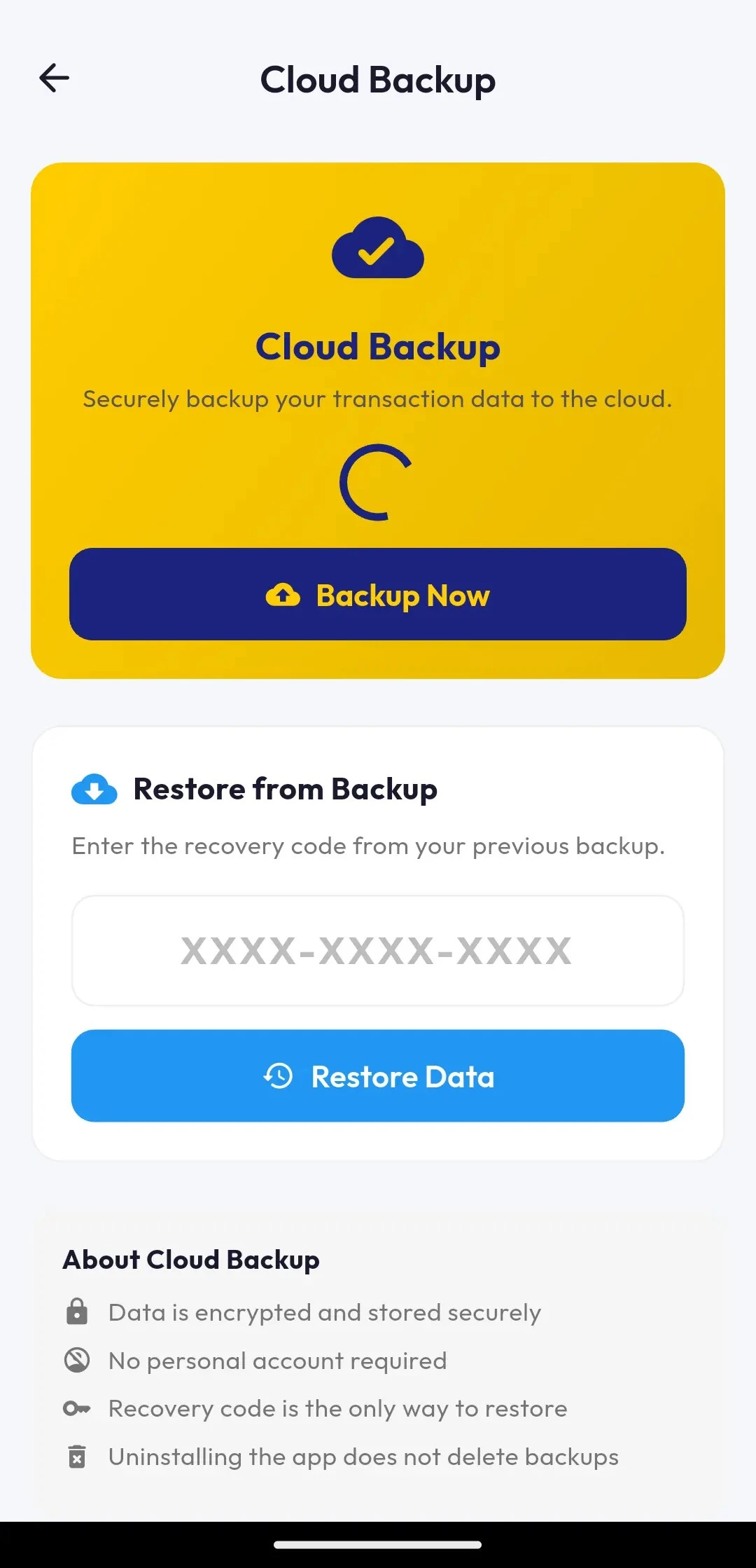 Agently cloud backup and restore with recovery code